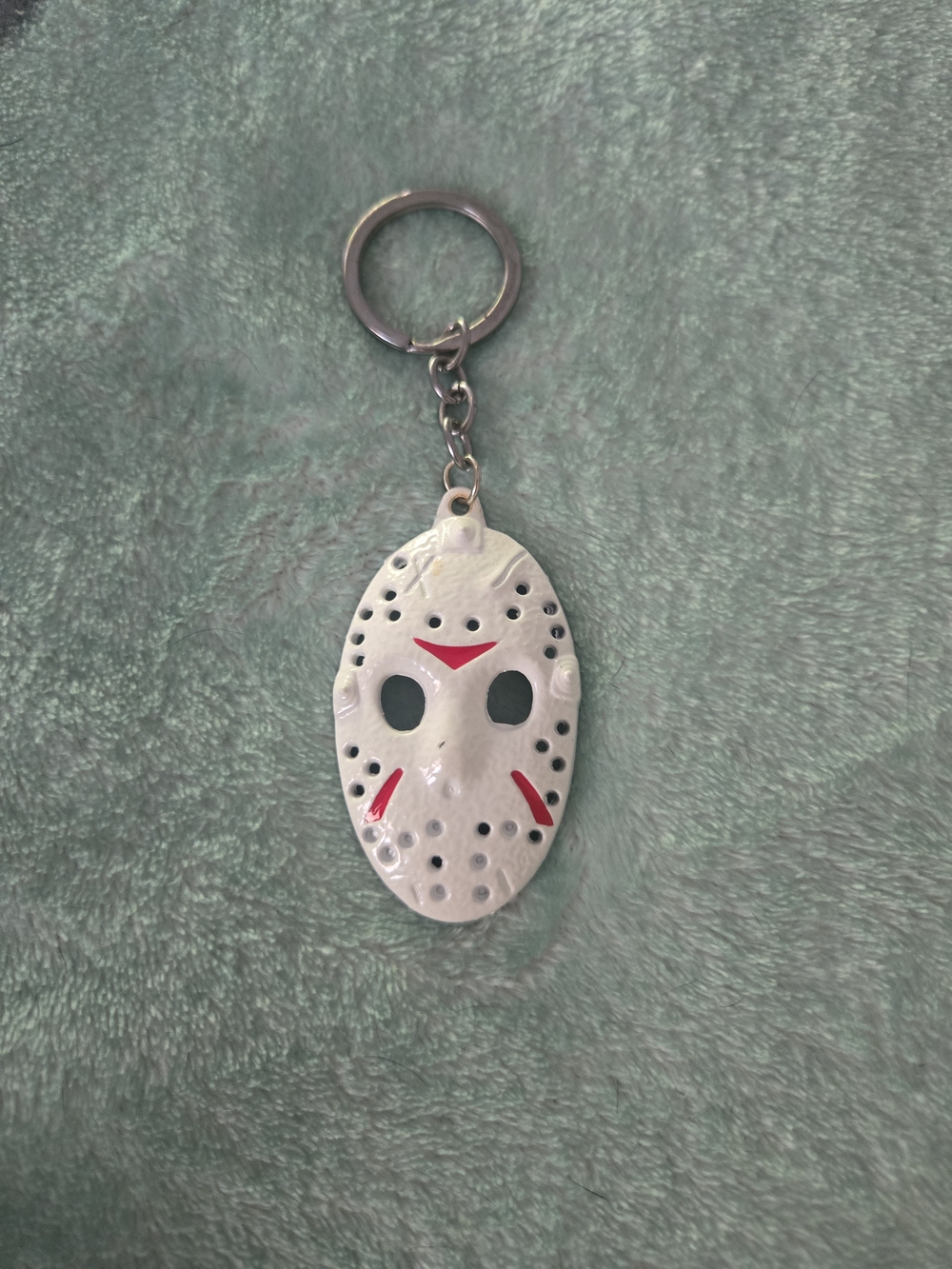 White Jason Hockey Mask Keychain with Red Accents